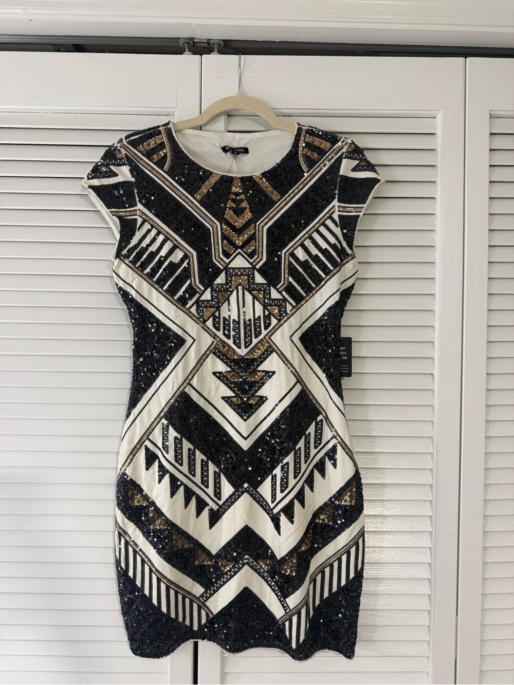 Express Black, White & Gold Geometric Sequin Mini Dress